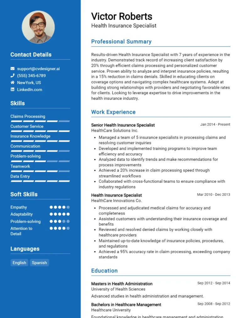 Health Insurance Specialist CV Example For 2025: Free Downloadable Templates
