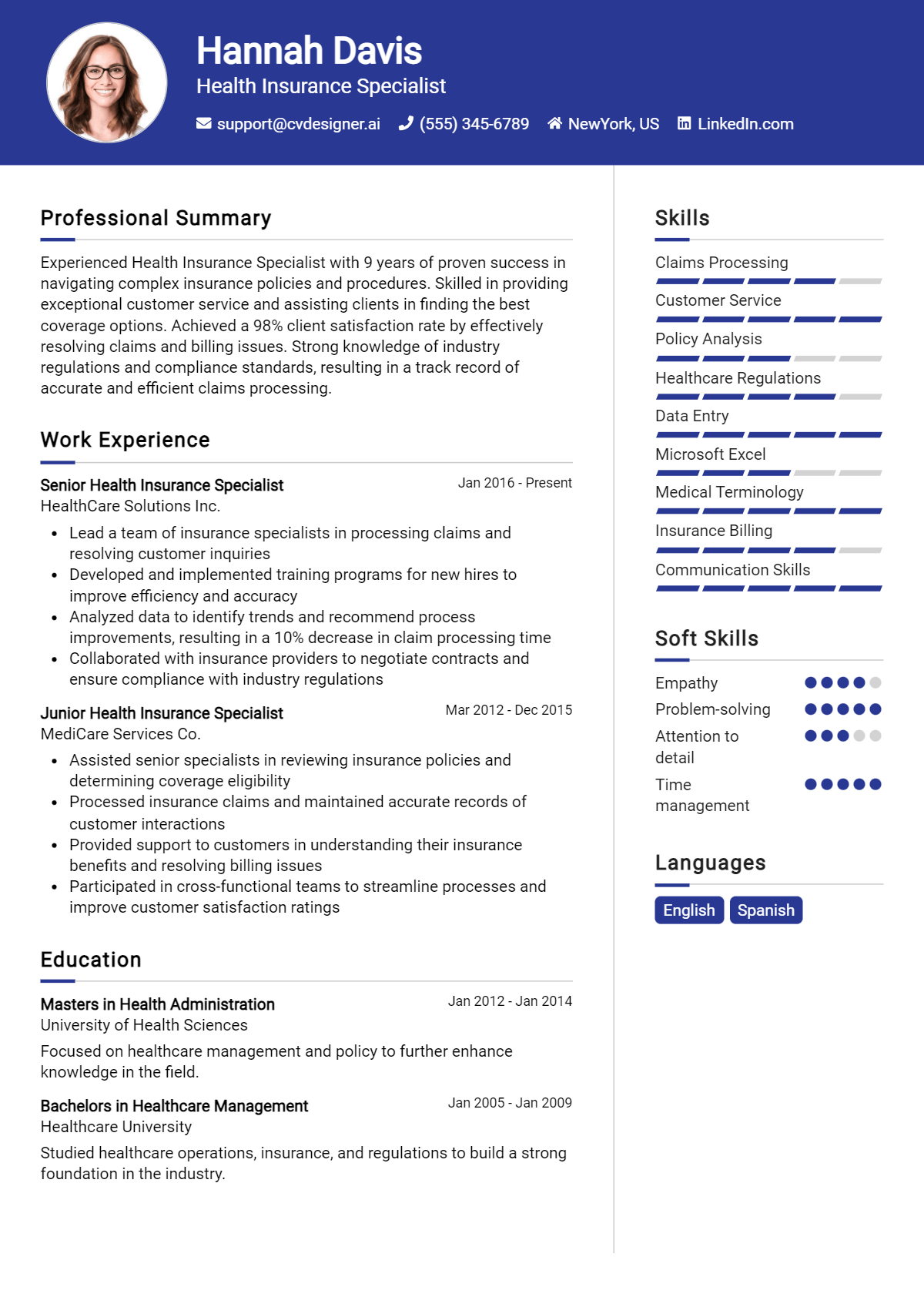 Health Insurance Specialist Resume Example