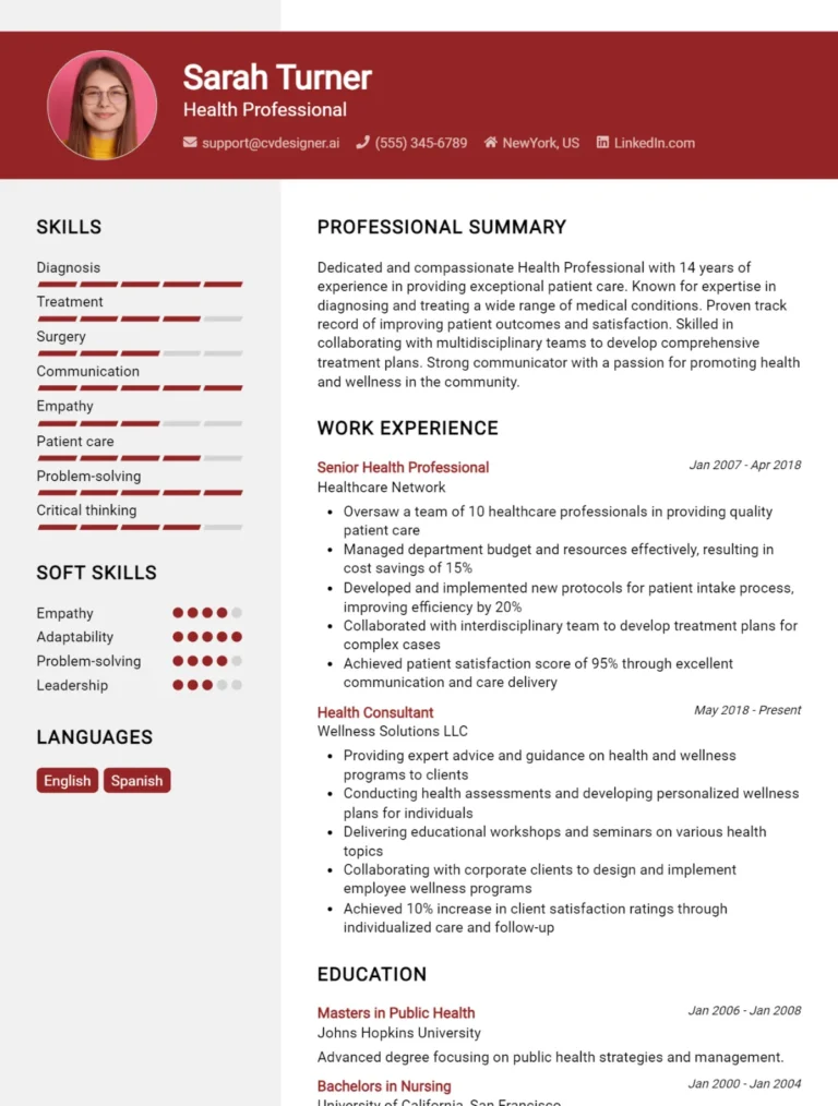 Health Professional CV Example For 2025: Samples & Best Practices