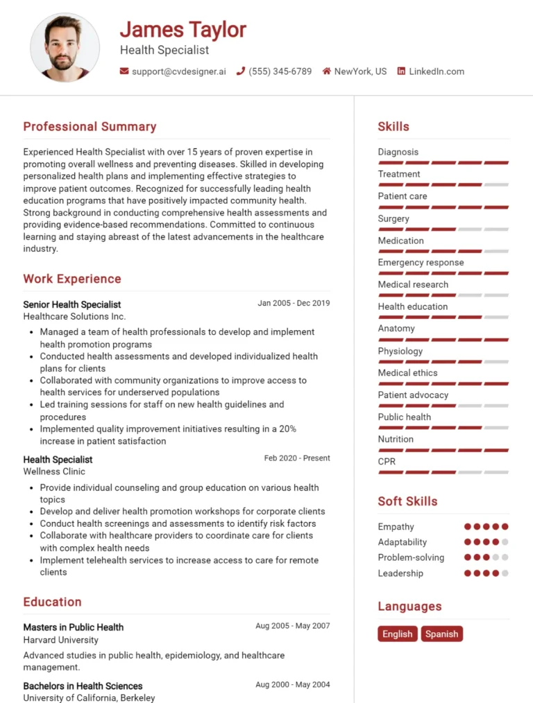 Health Specialist CV Example For 2025: Best Writing Guide