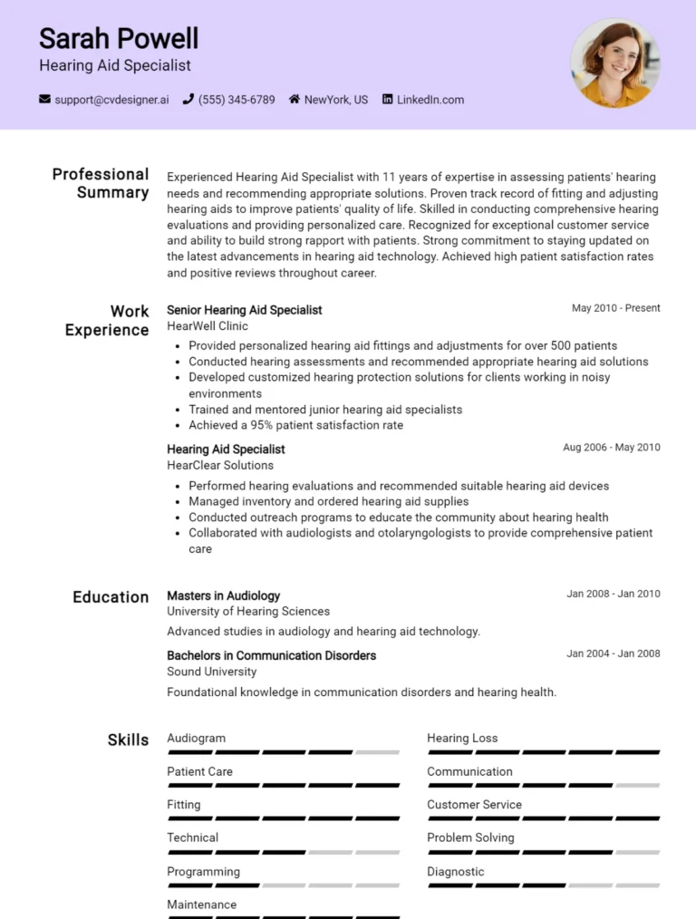 Hearing Aid Specialist CV Example For 2025: Best Writing Guide
