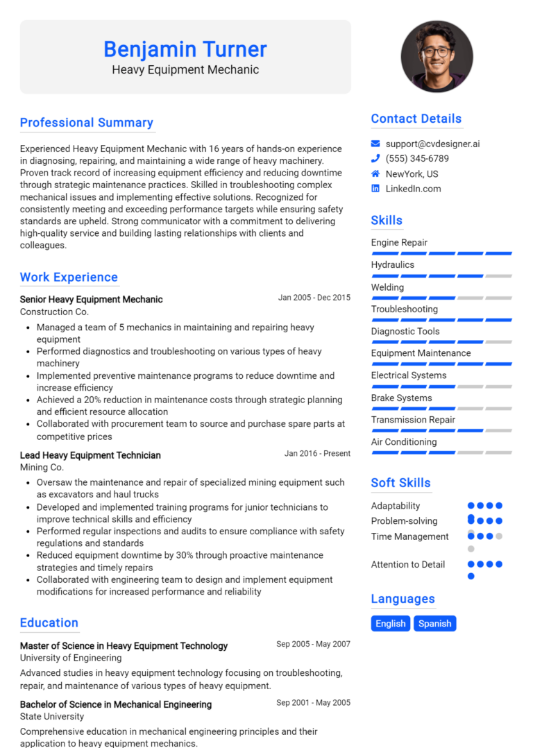 Heavy Equipment Mechanic Resume Example for 2025: Free Professional Templates