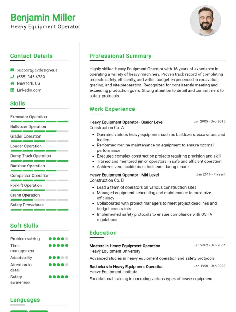 Heavy Equipment Operator CV Example For 2025: Professional CV Templates