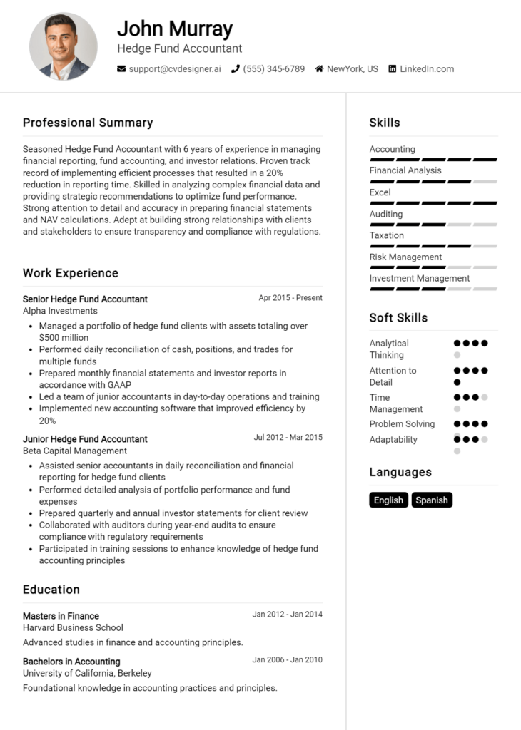Hedge Fund Accountant Resume Example