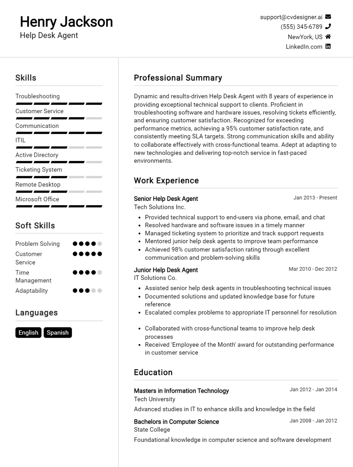 Help Desk Agent CV Example