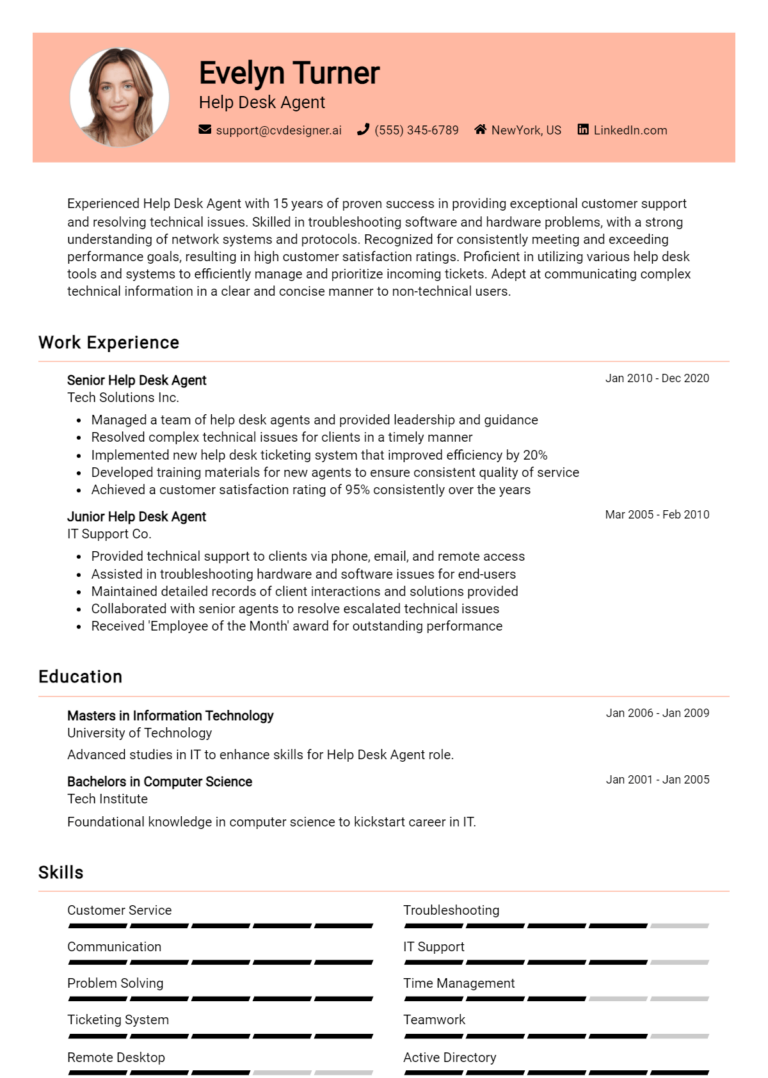 Help Desk Agent Resume Example for 2025: Top Templates