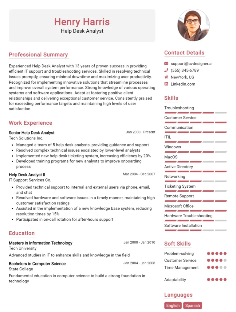 Help Desk Analyst CV Example For 2025: Top CV Skills