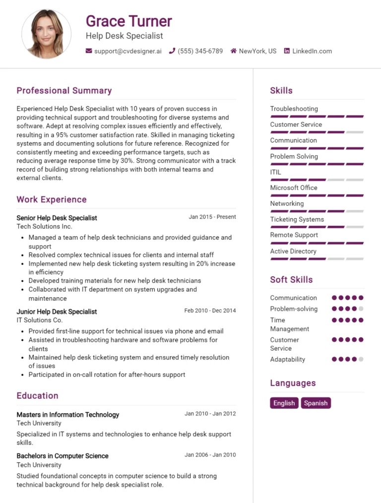 Help Desk Specialist CV Example For 2025: Ultimate Guide