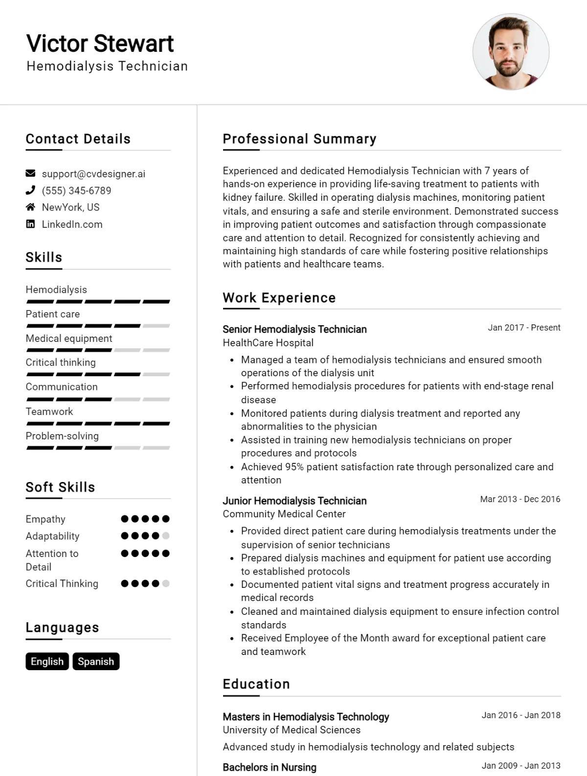 Hemodialysis Technician CV Example For 2024: Ultimate Guide - CVDesigner.ai