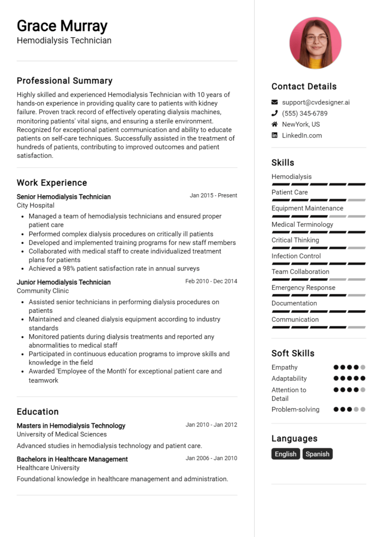Hemodialysis Technician Resume Example for 2025: How to Craft a Winning CV