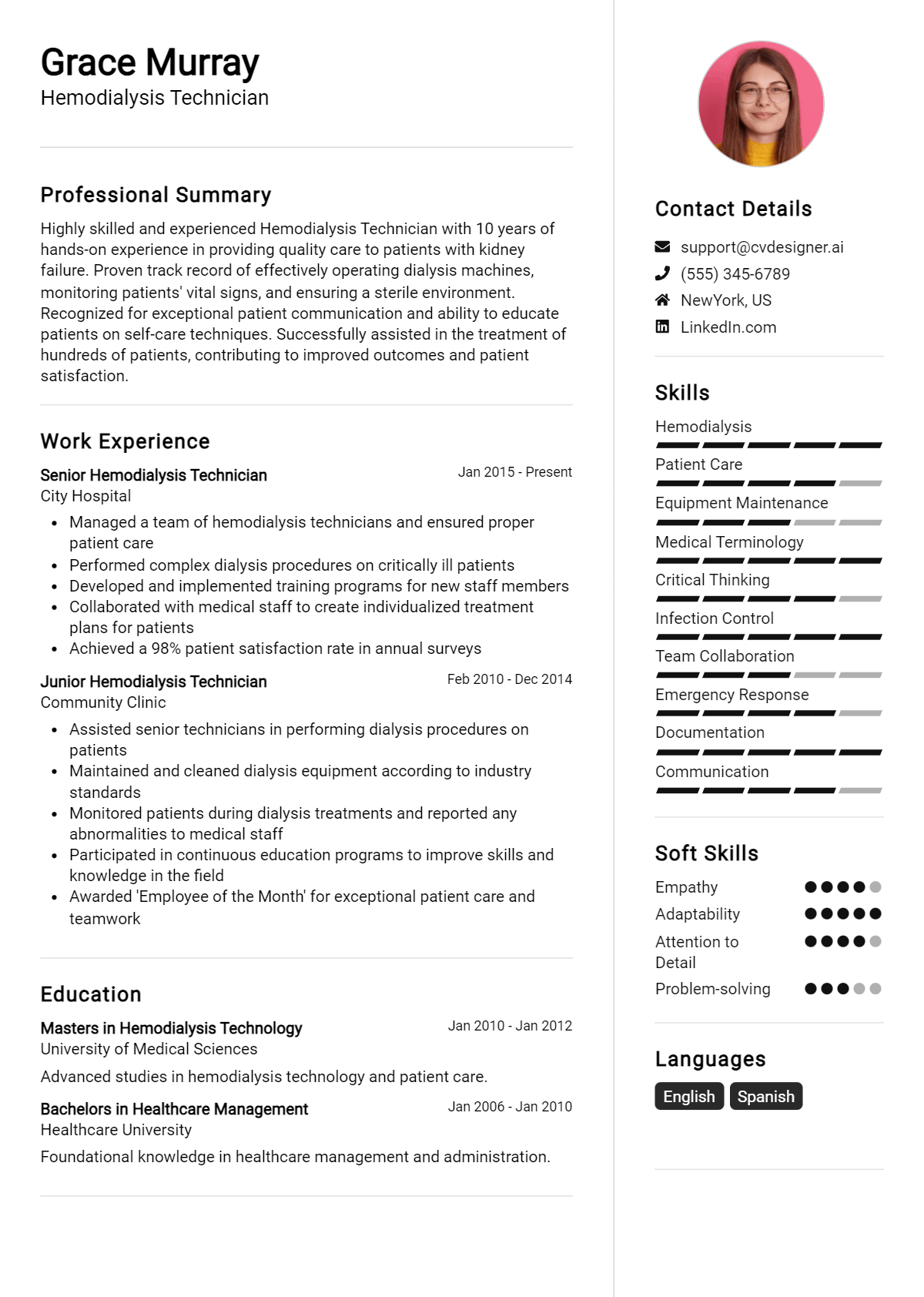 Hemodialysis Technician Resume Example