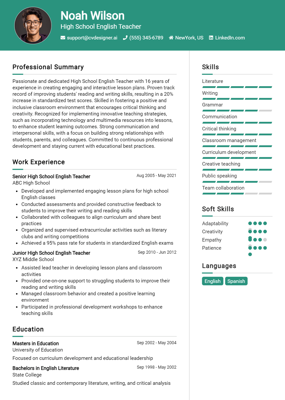 High School English Teacher Resume Example