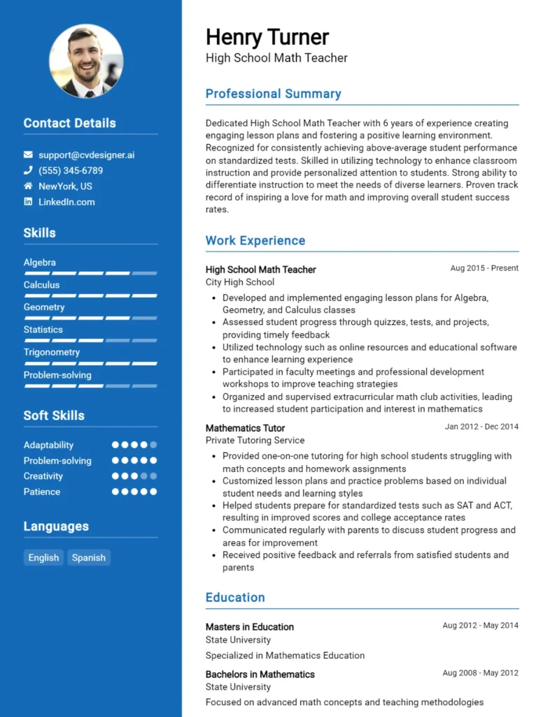 High School Math Teacher CV Example