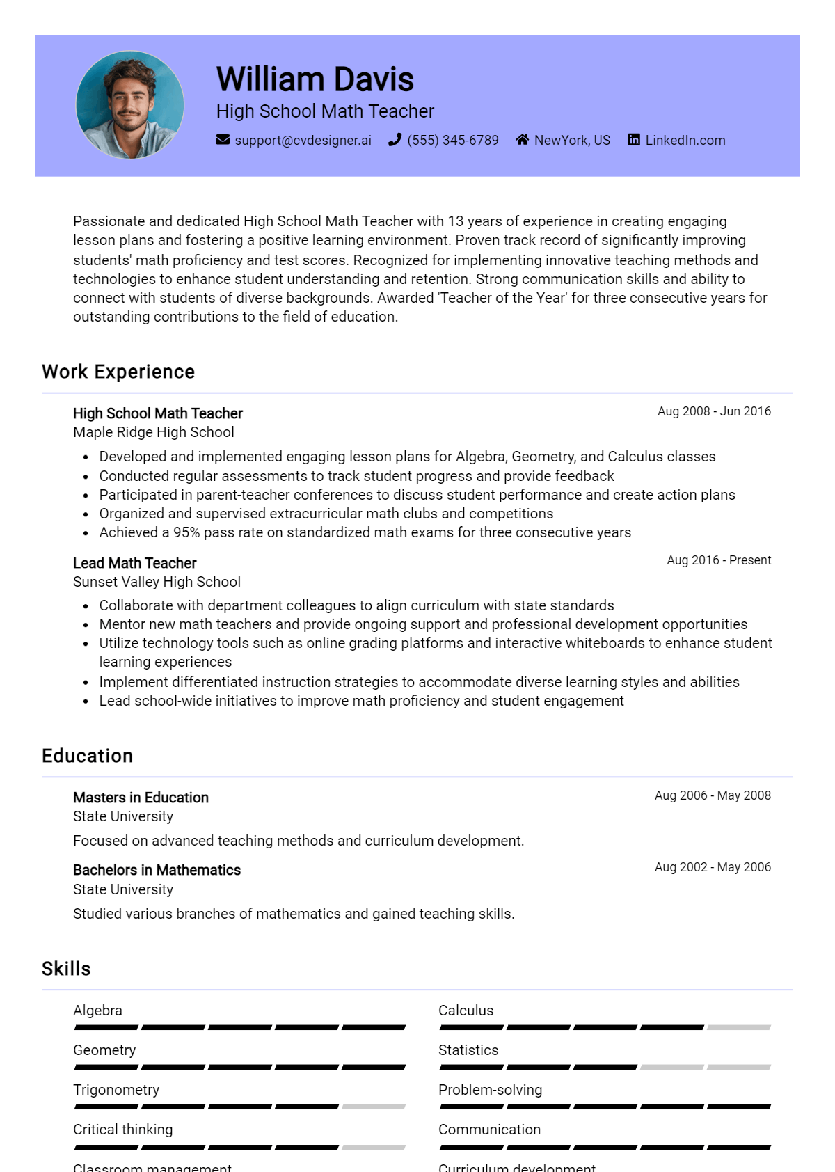 High School Math Teacher Resume Example