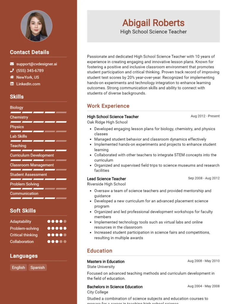 High School Science Teacher CV Example