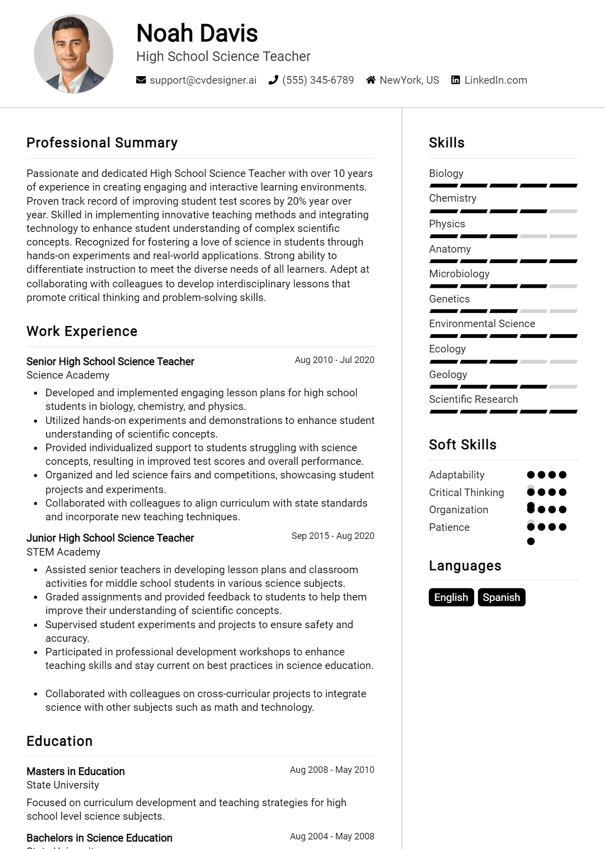 High School Science Teacher Resume Example