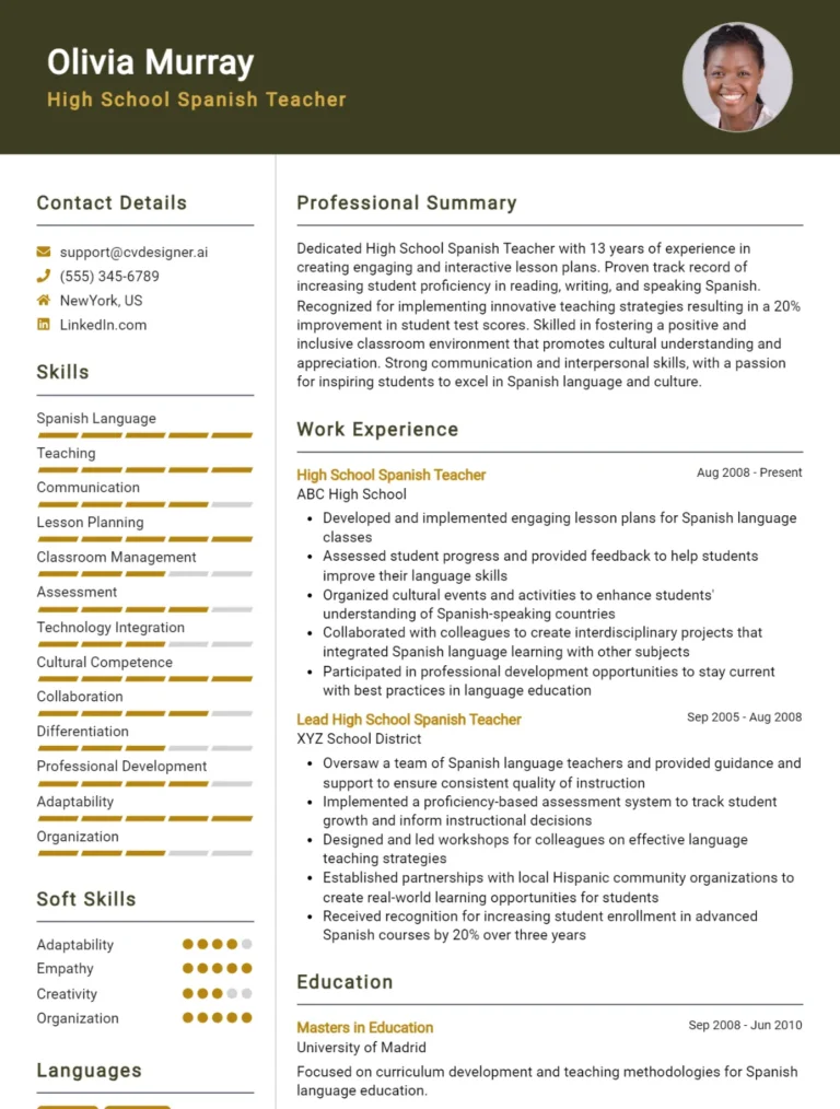 High School Spanish Teacher CV Example For 2025: Free Downloadable Templates