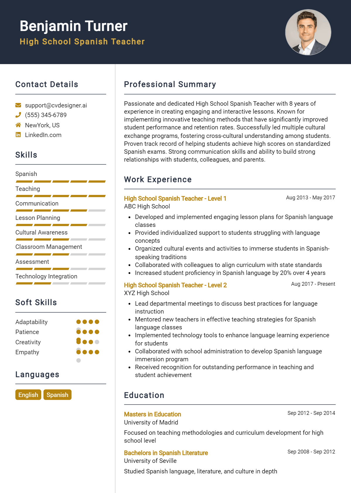 High School Spanish Teacher Resume Example