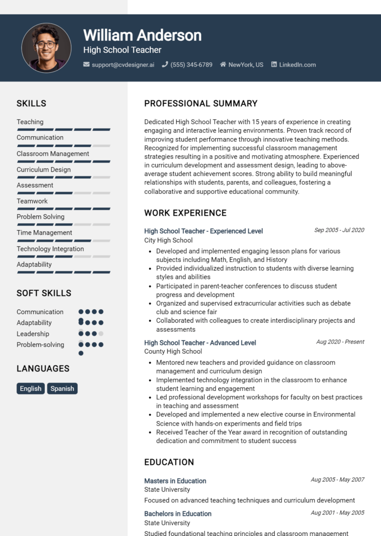 High School Teacher Resume Example for 2025: Professional CV Templates