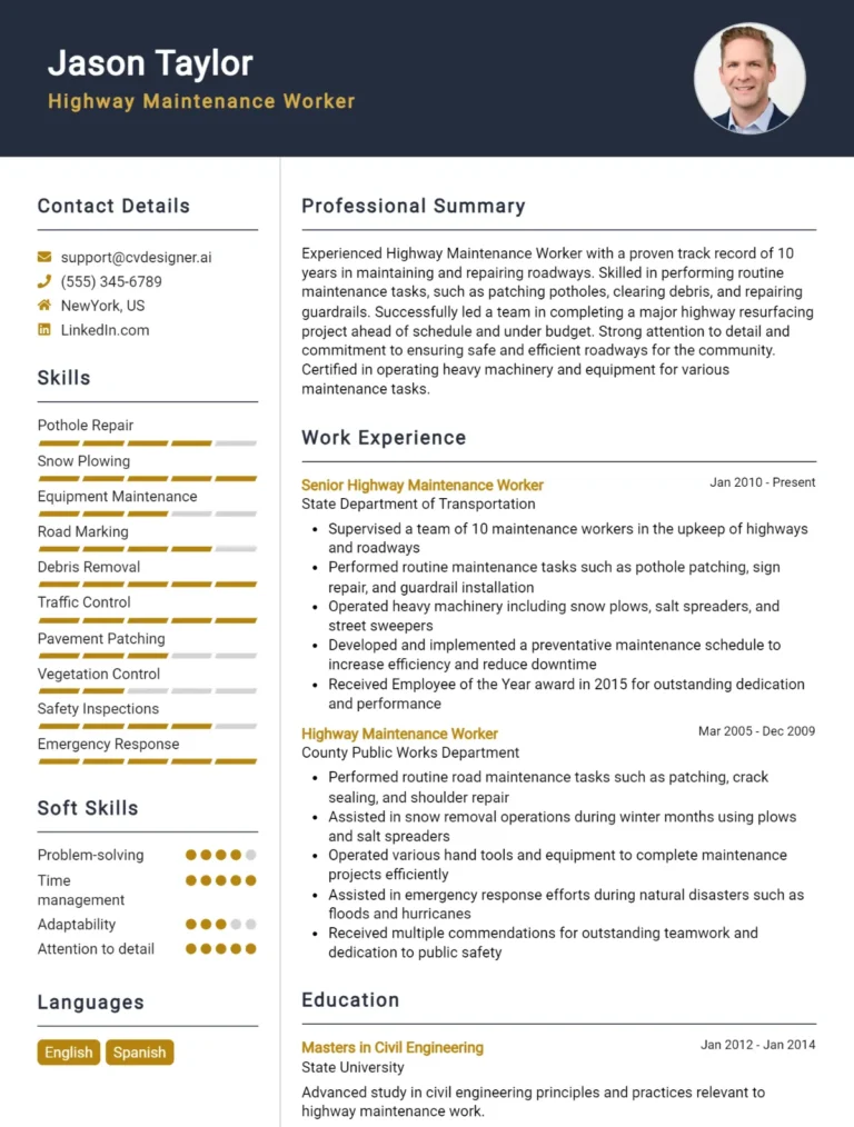 Highway Maintenance Worker CV Example For 2025: Strategies & Templates