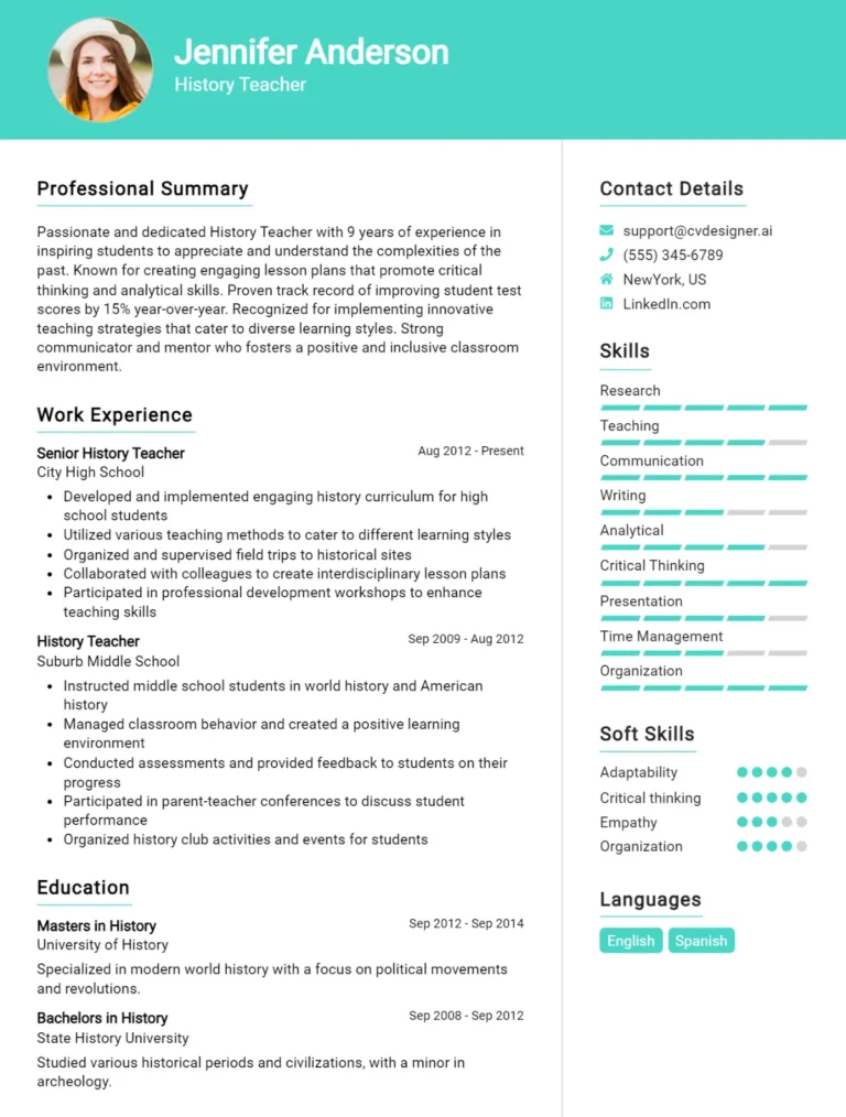 History Teacher CV Example For 2025: Proven Tips & Templates