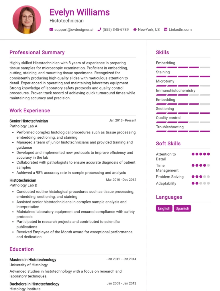 Histotechnician CV Example For 2025: Best Tips & Templates