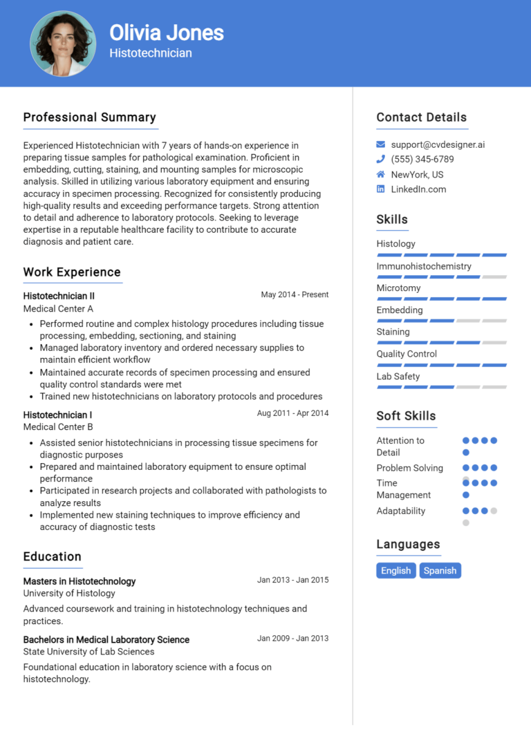 Histotechnician Resume Example for 2025: Expert Tips & Templates