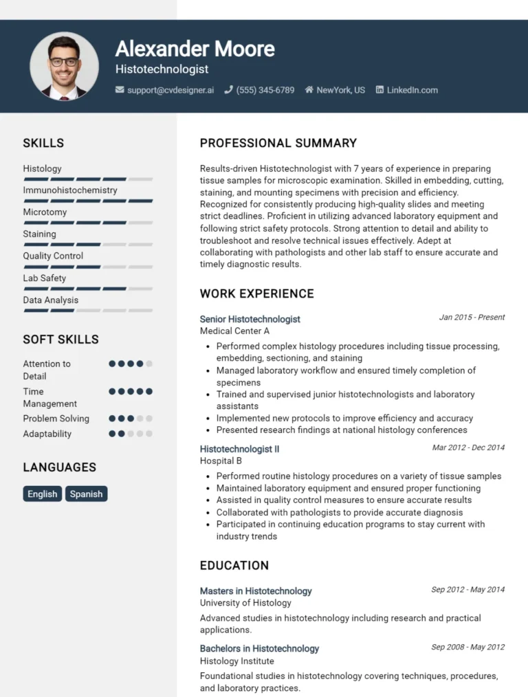 Histotechnologist CV Example For 2025: Professional CV Templates