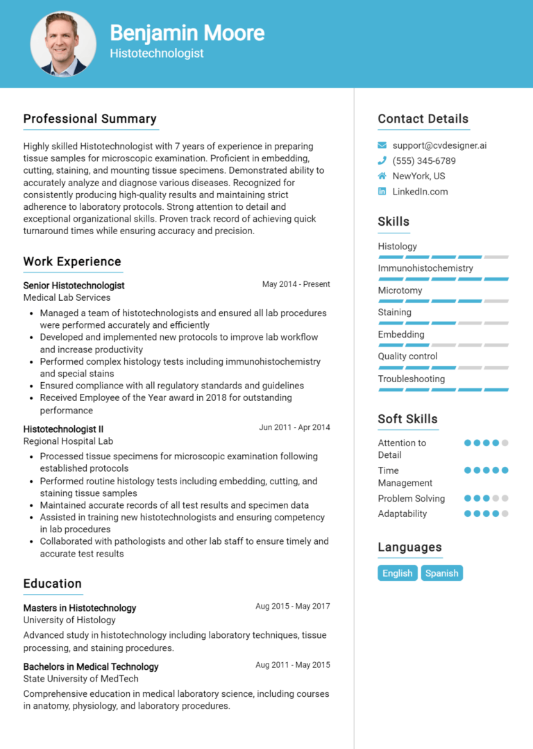 Histotechnologist Resume Example for 2025: Tips & Templates