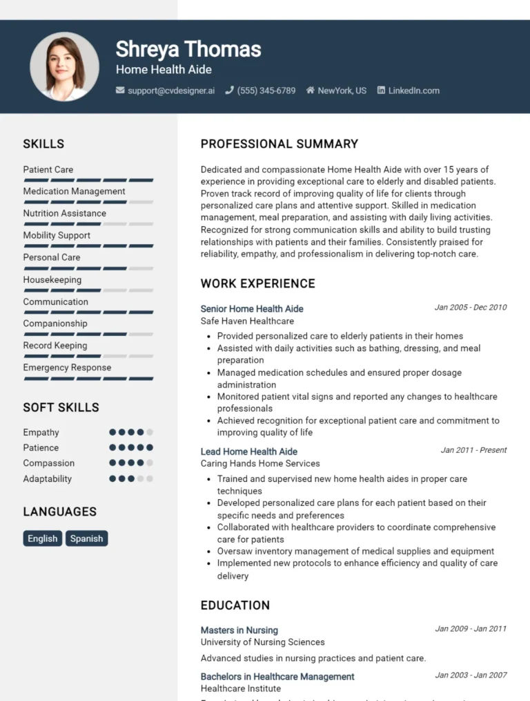Home Health Aide CV Example For 2025: Free Professional Templates