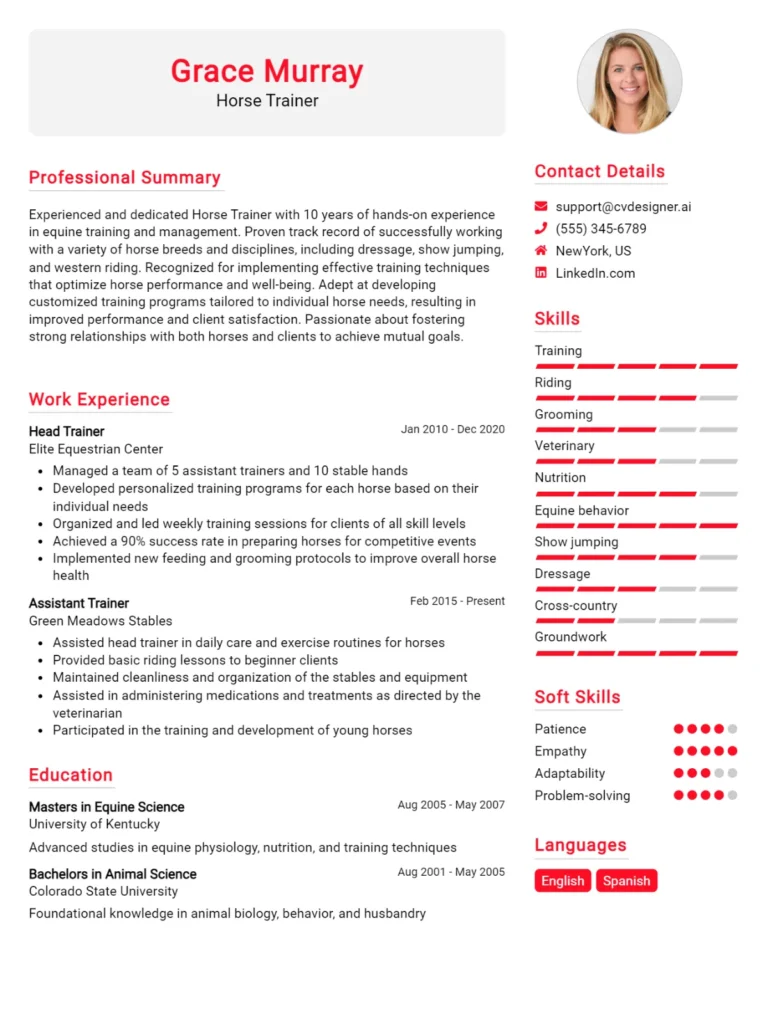 Horse Trainer CV Example For 2025: Top CV Skills