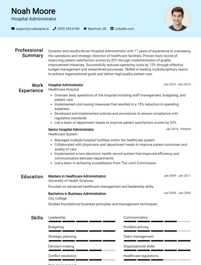 Hospital Administrator CV Example For 2025: Professional CV Templates