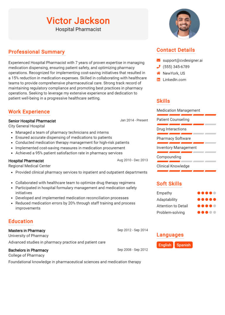Hospital Pharmacist Resume Example for 2025: Free Professional Templates