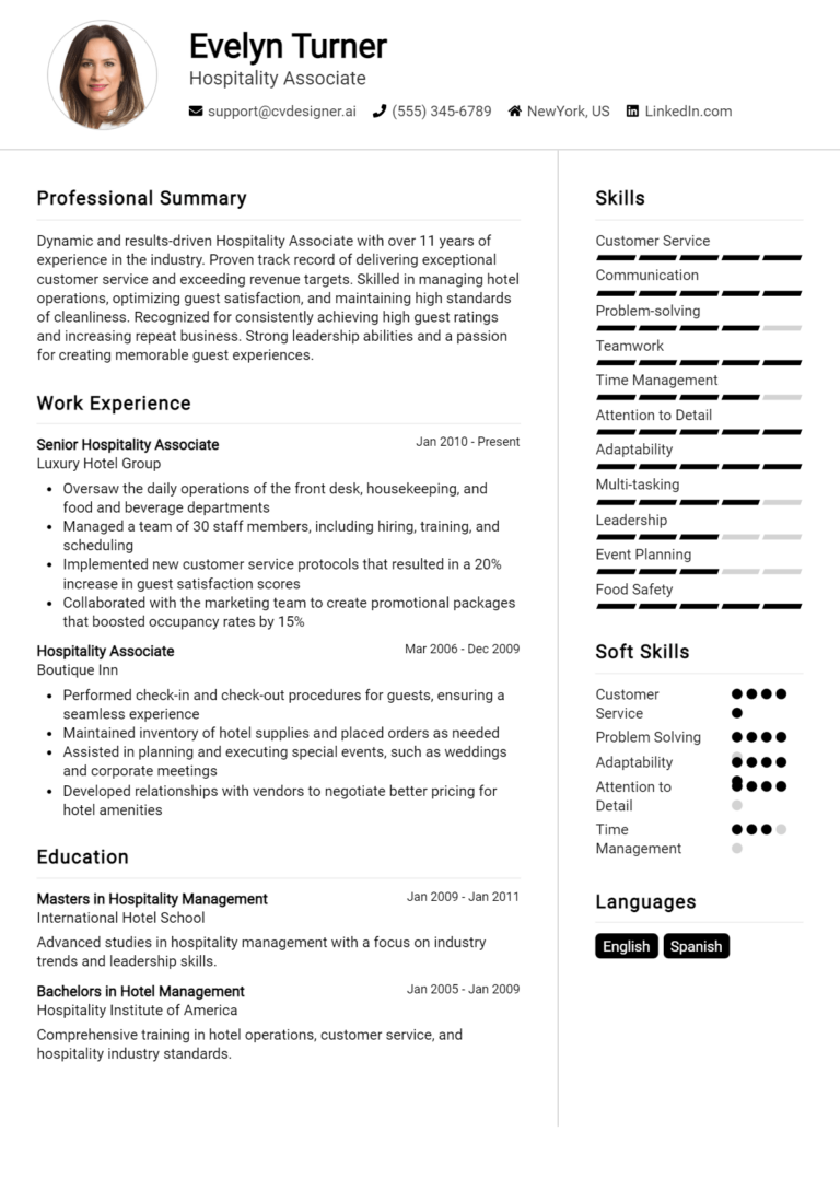 Hospitality Associate Resume Example for 2025: Professional CV Templates