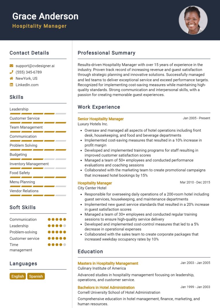Hospitality Manager Resume Example for 2025: Top Templates