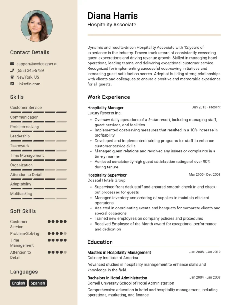 12 Hospitality Associate CV Examples For 2025: Free Templates