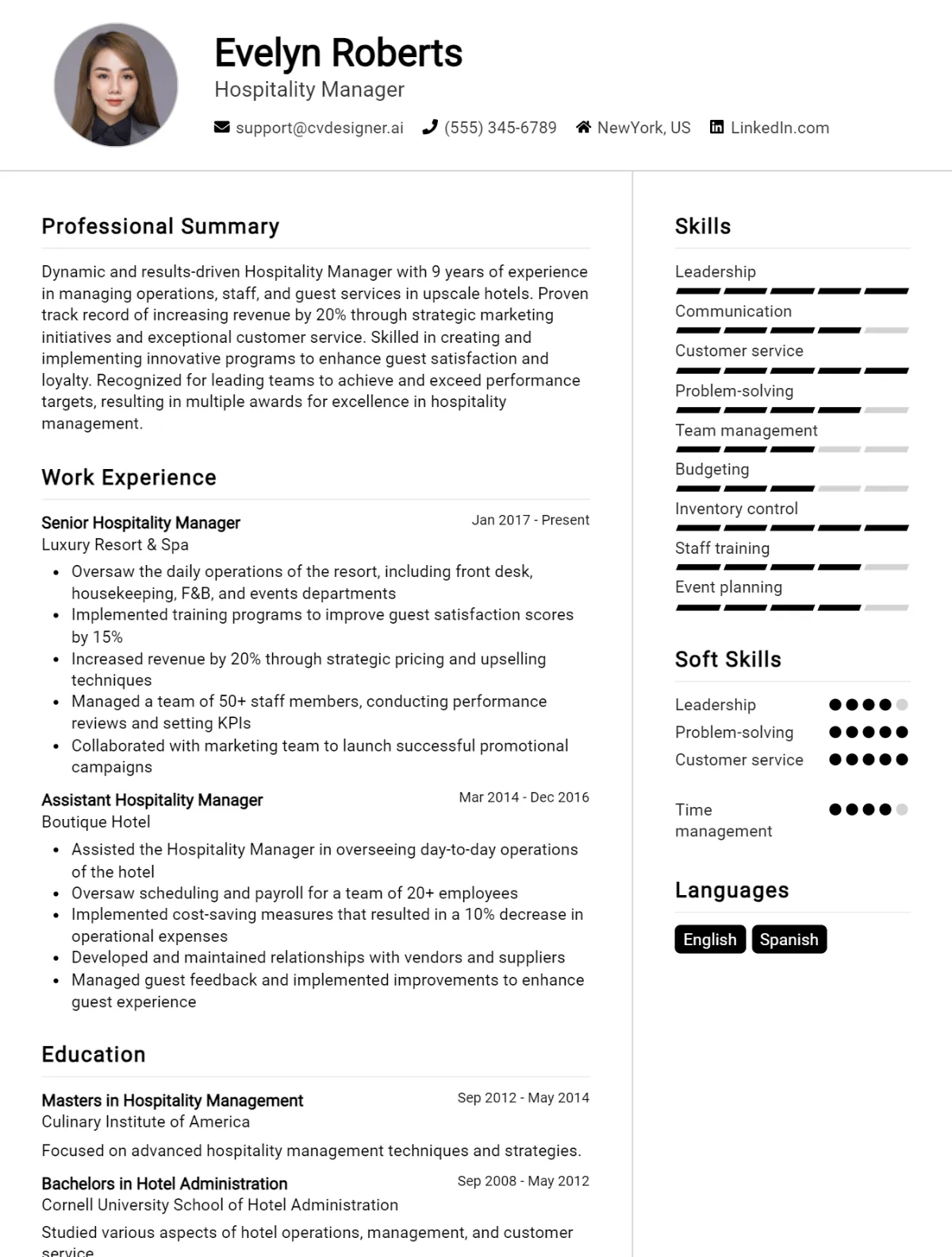 Hospitality Manager CV Example