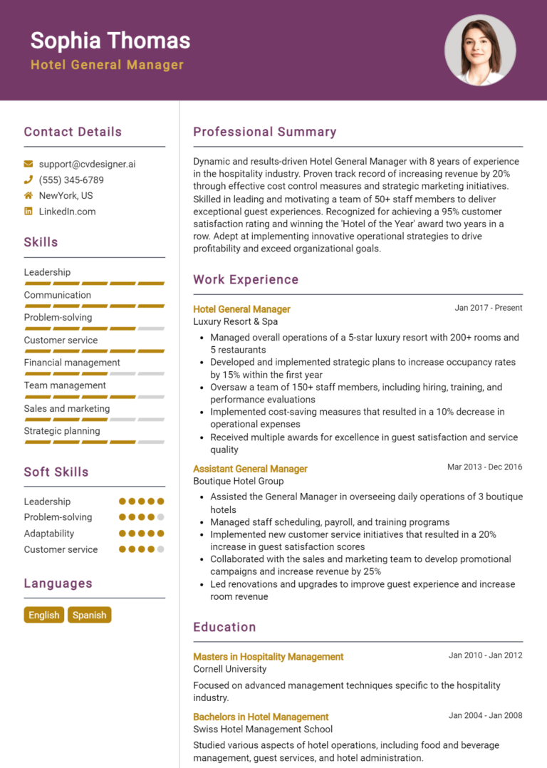 Hotel General Manager Resume Example for 2025: Top CV Skills