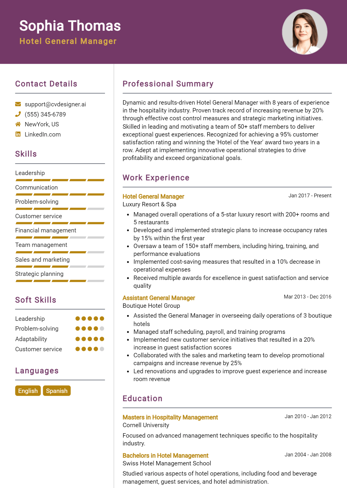 Hotel General Manager Resume Example