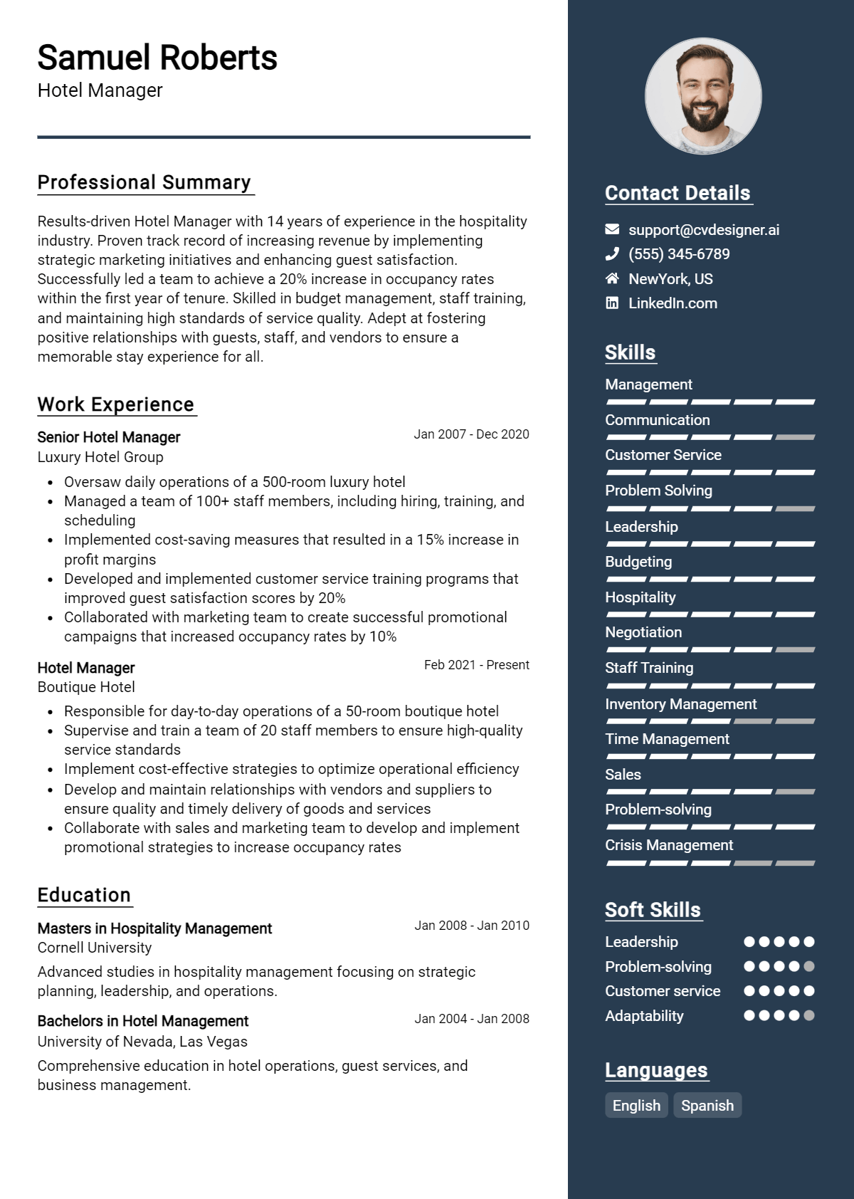 Hotel Manager Resume Example for 2024: Free Guide - CVDesigner.ai