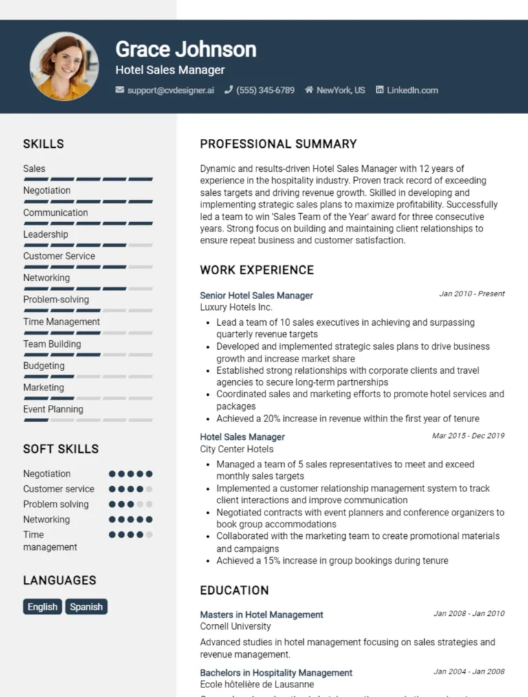 Hotel Sales Manager CV Example For 2025: Examples & Free Templates