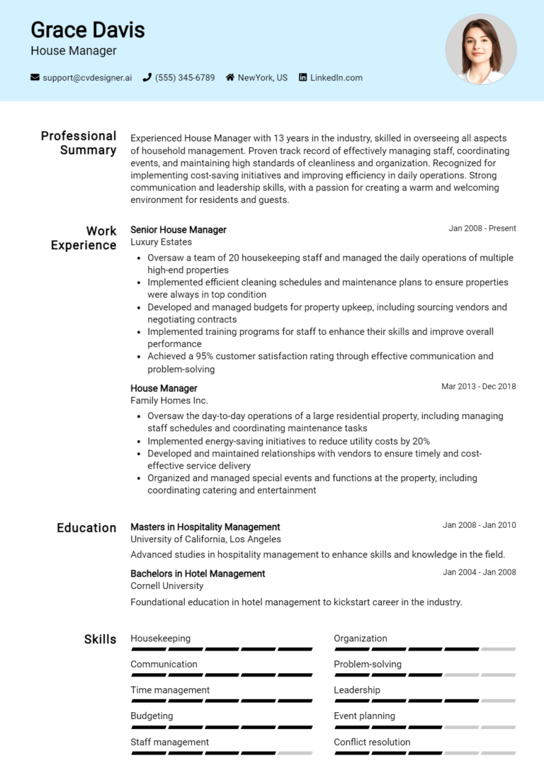 House Manager Resume Example for 2025: Writing Guide