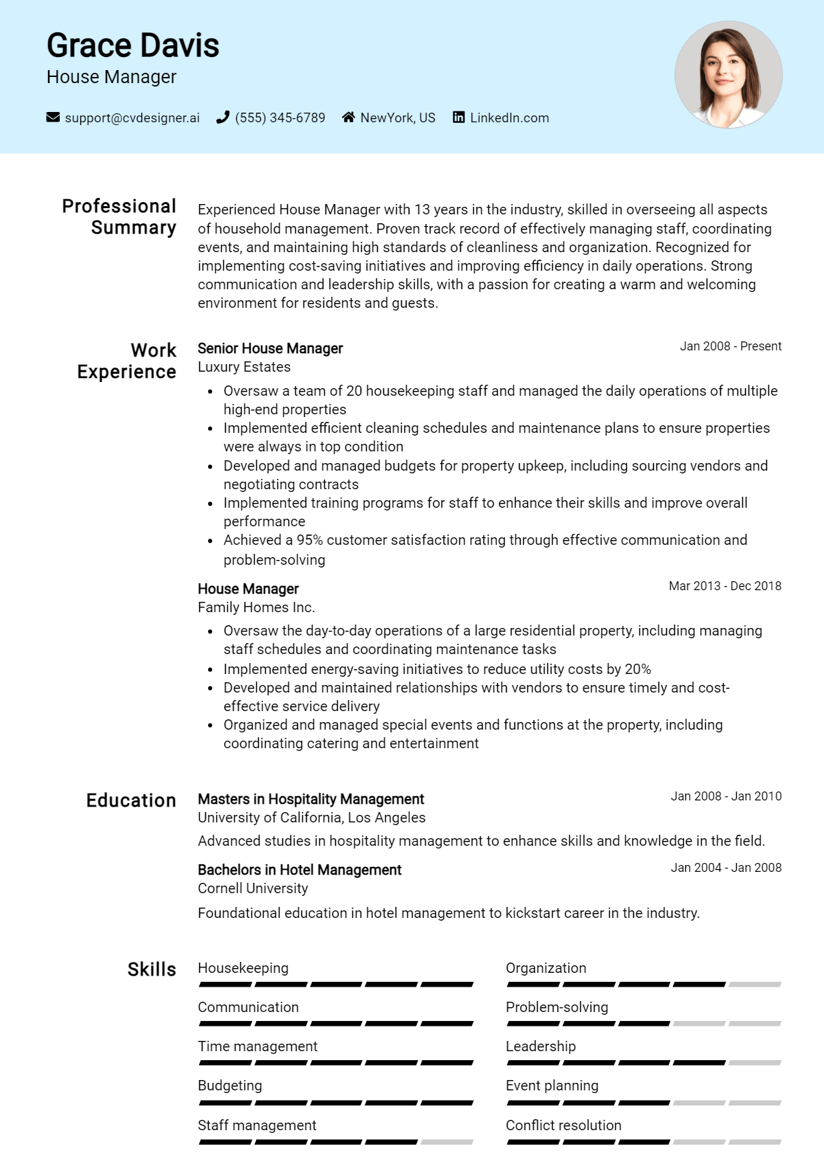 House Manager Resume Example