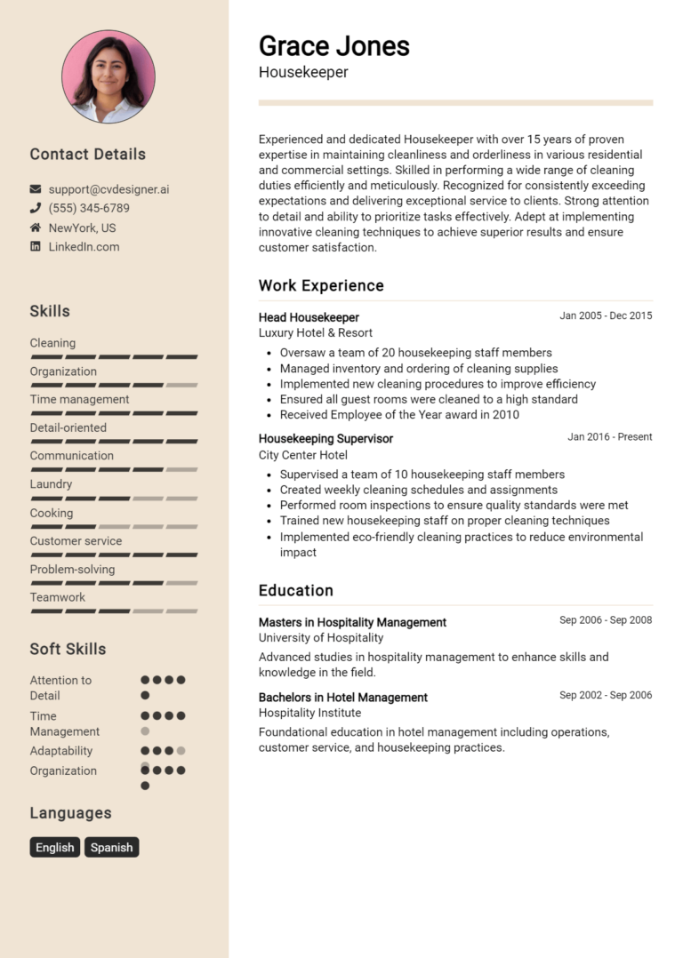 7 Housekeeper Resume Examples for 2025: Professional CV Templates