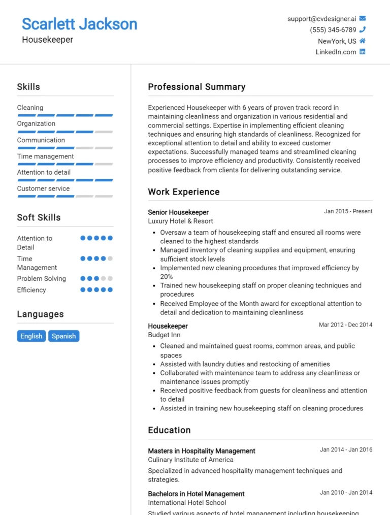 Housekeeper CV Example For 2025: Best Formatting Tips