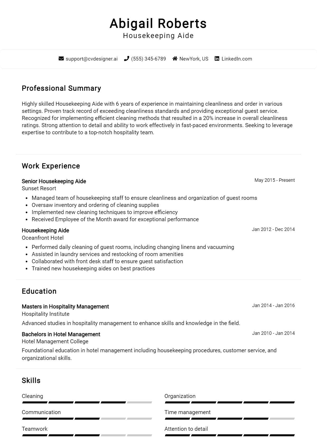 Housekeeping Aide Resume Example