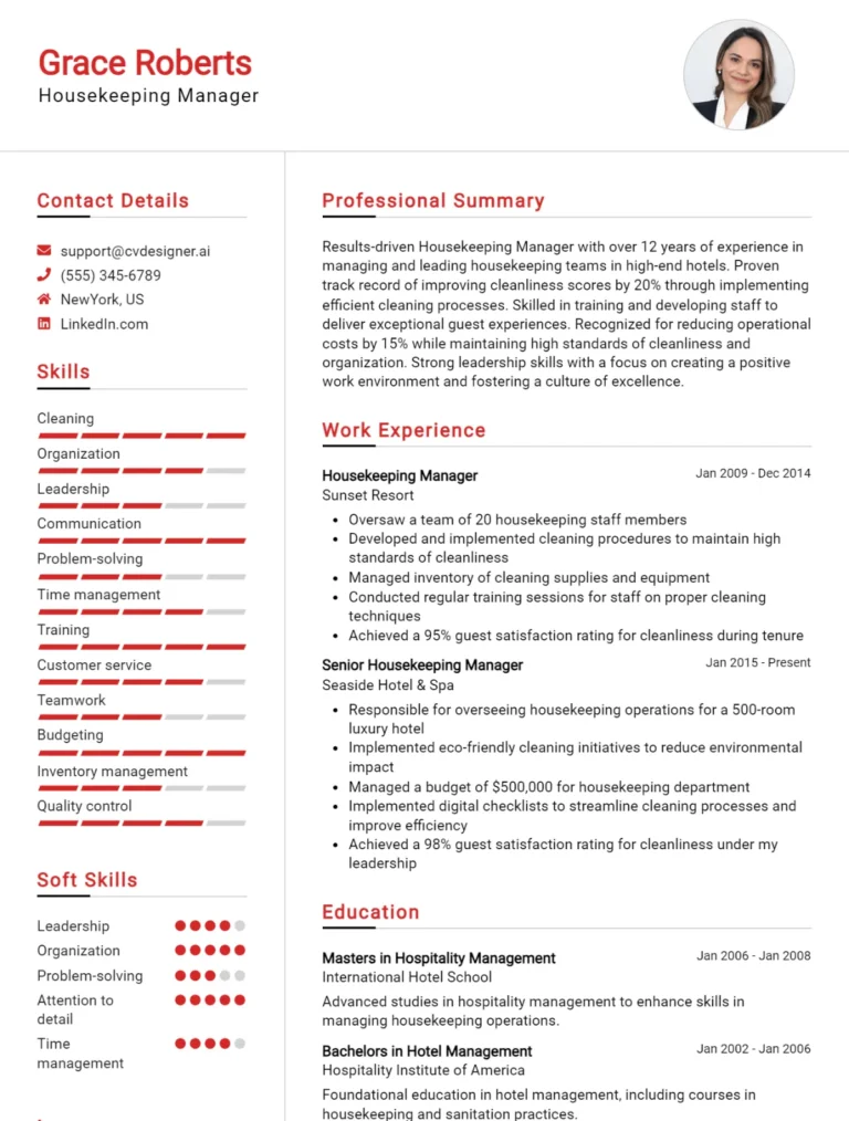 12 Housekeeping Manager CV Examples For 2025