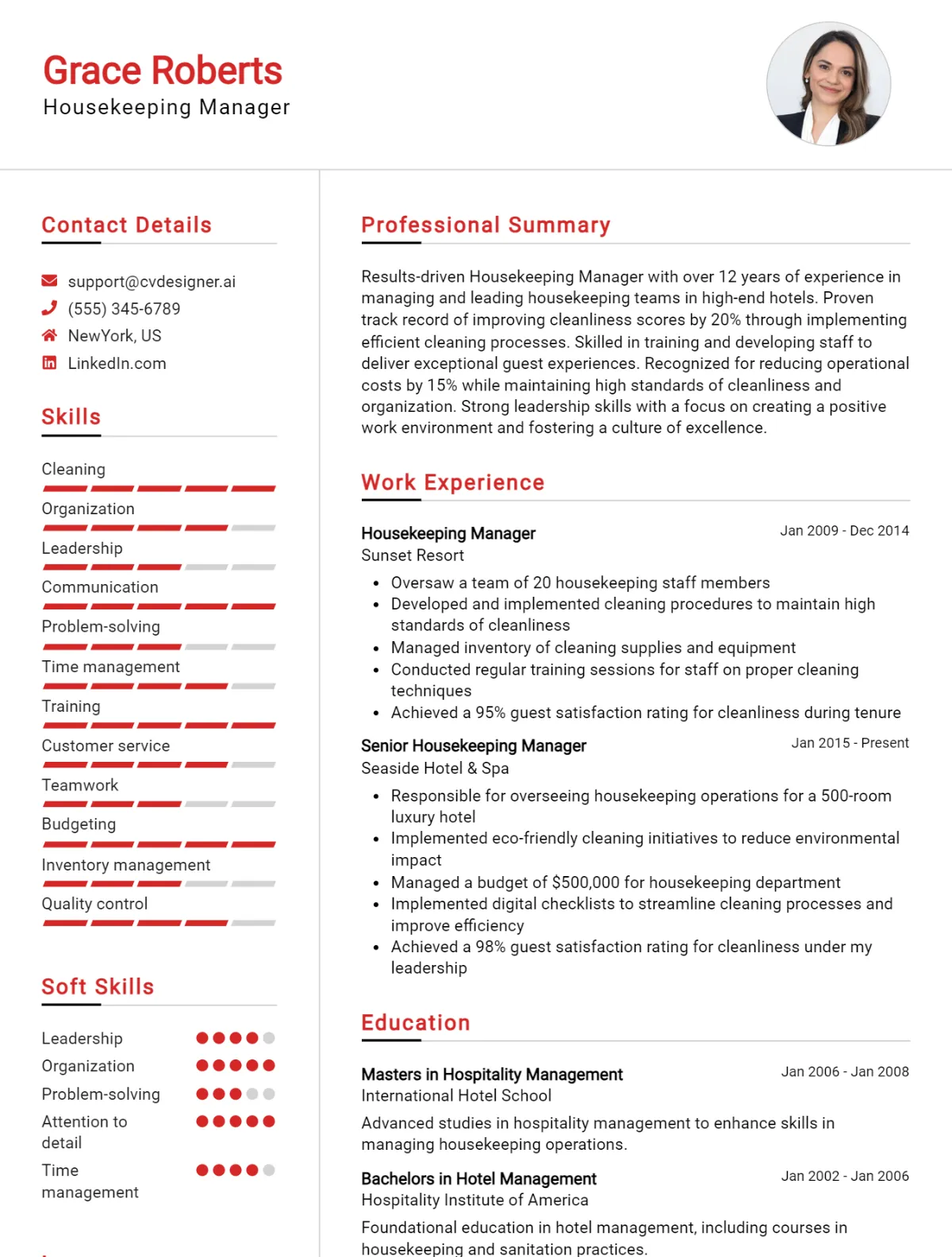 Housekeeping Manager CV Example