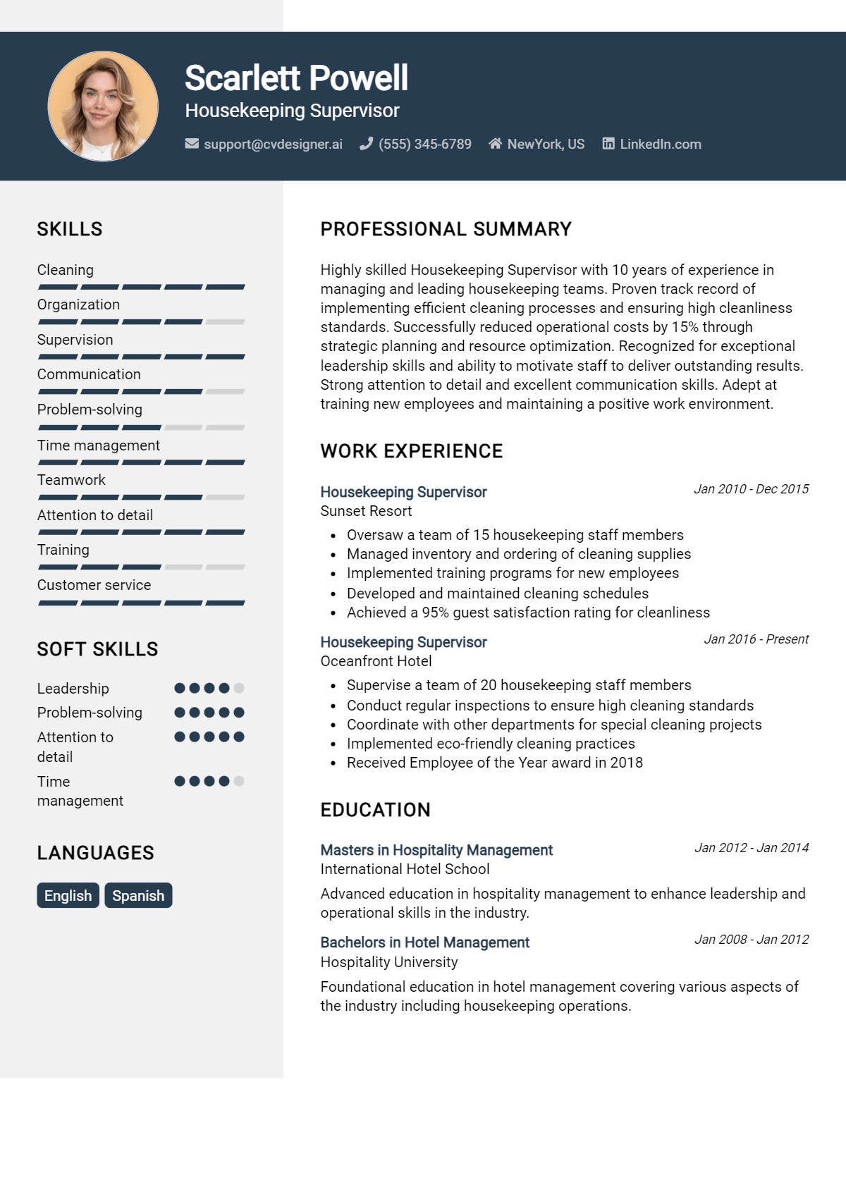 Housekeeping Supervisor Resume Example