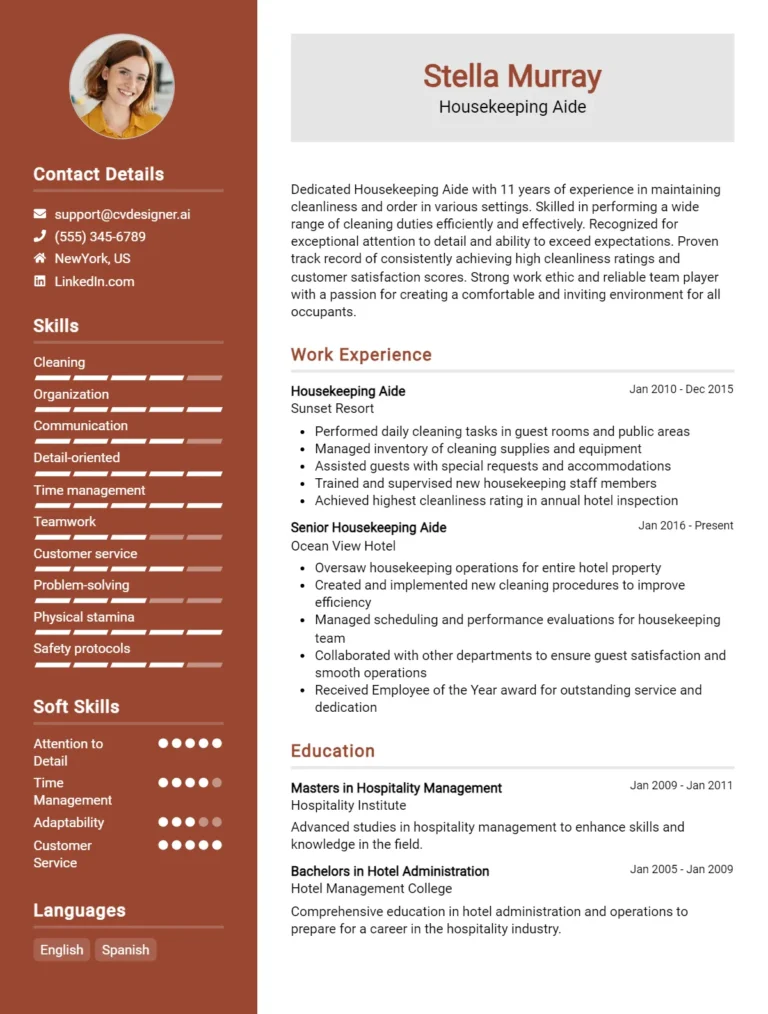 Housekeeping Aide CV Example For 2025: Expert Tips & Templates